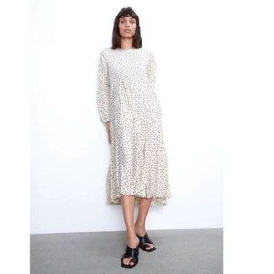 Zara Long Sleeve Polka Dot Maxi Midi Dress Cream S